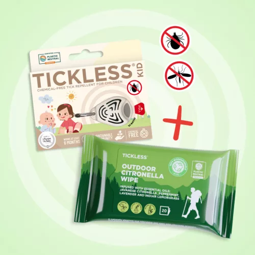 Camp Pack: 1 Tickless® Kid ultrasonic device + 1 pack of Tickless® Outdoor Citronella Wipes 