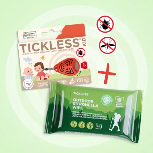 Camp Pack: 1 Tickless® Kid ultrasonic device + 1 pack of Tickless® Outdoor Citronella Wipes 