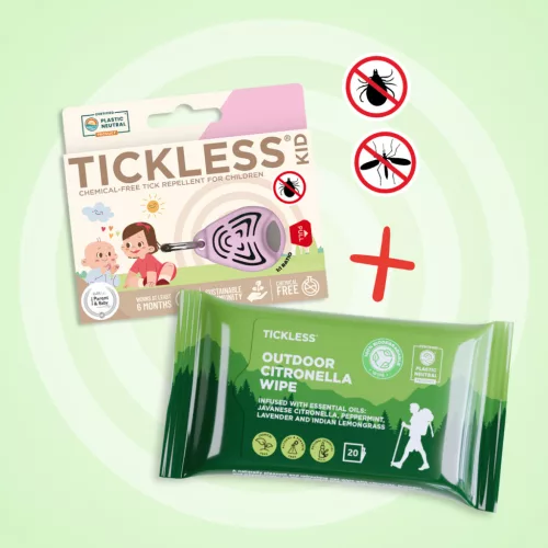 Camp Pack: 1 Tickless® Kid ultrasonic device + 1 pack of Tickless® Outdoor Citronella Wipes 