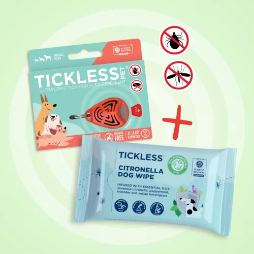 Tickless Pet akciós csomag (1 db Citronella Törlőkendő kutyáknak + 1 db Tickless Pet narancssárga)